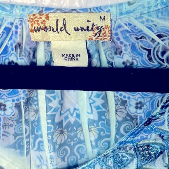 World Unity Embellished BOHO Tunic Blue Purple Handkerchief Hem Size M. - Picture 5 of 13